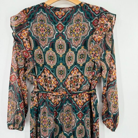 LOFT dress midi Womens Sz Large petite Boho medallion Patterned Belt Green long - Picture 11 of 12